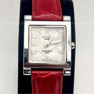 Activa Tank Watch Women Red Leather Band Silver Tone MOP Dial New Battery